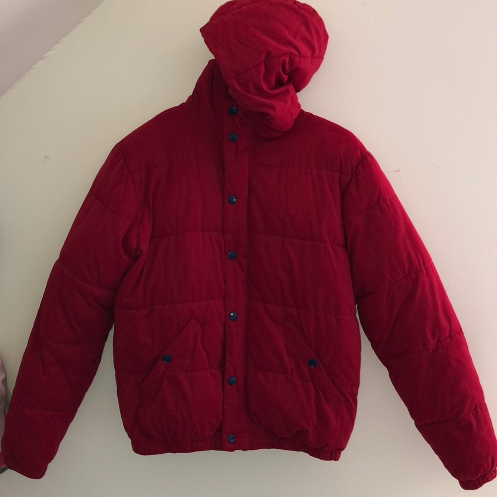 Red puffer coat